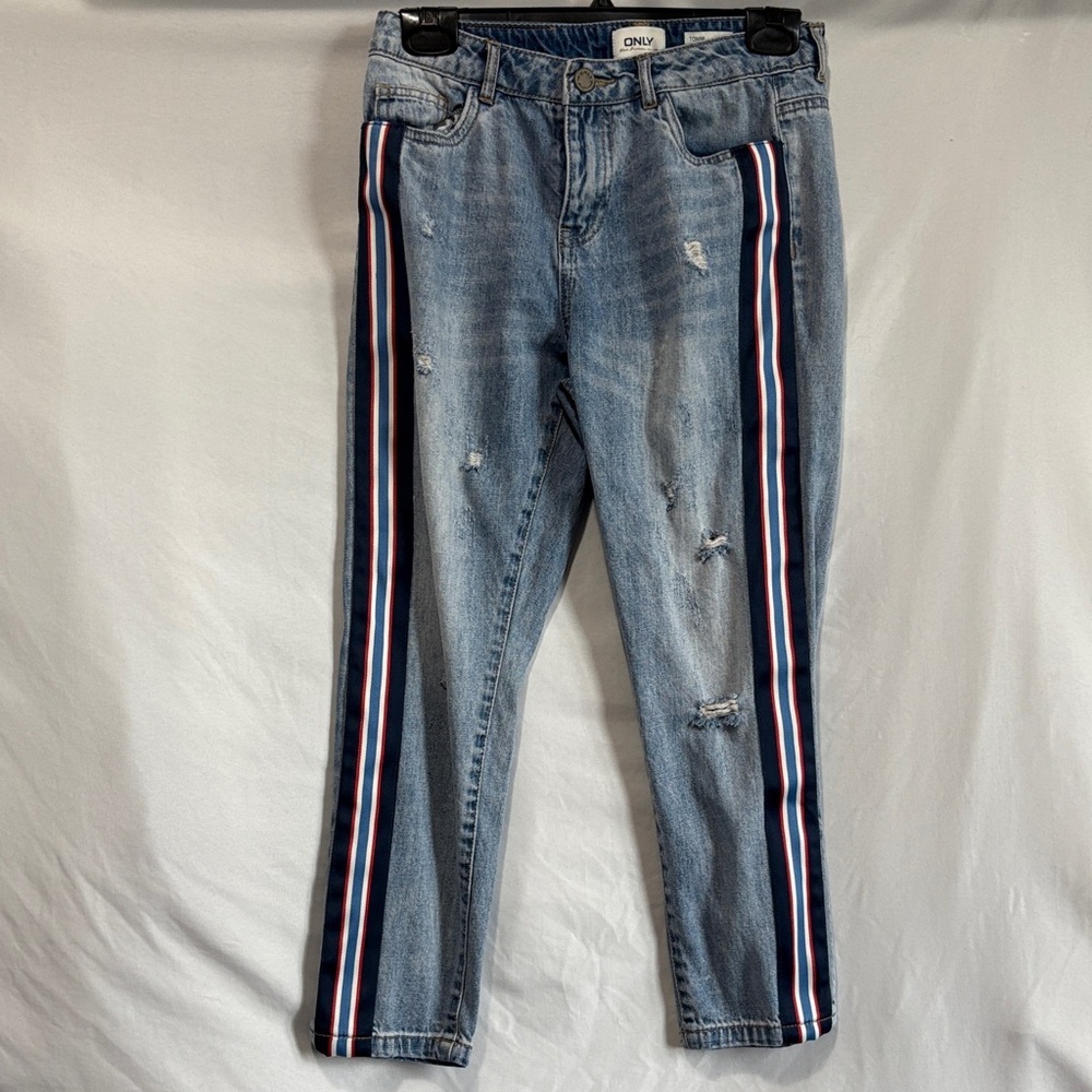 ONLY Women's Distressed Blue Jeans with Striped Accents